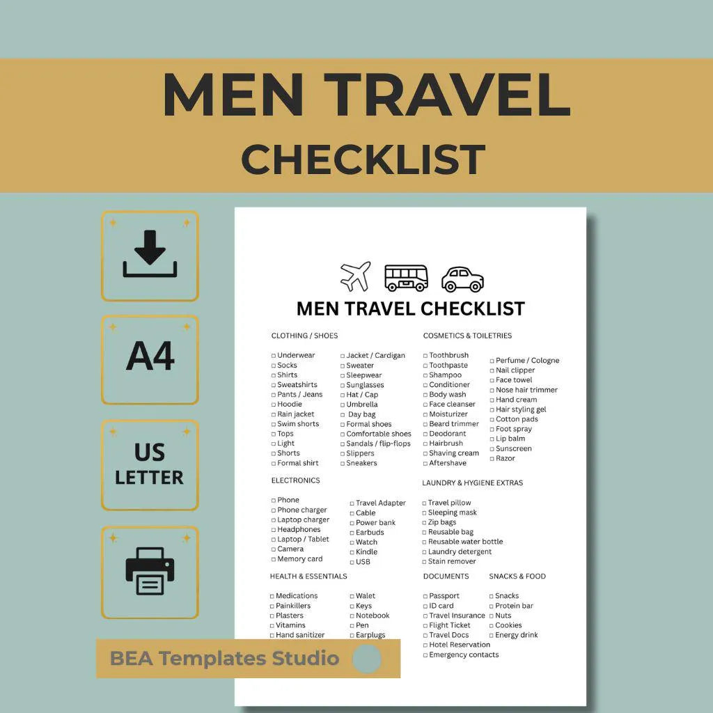 Men Travel Checklist, Packing List for Men, Vacation Planner PDF (A4 US Letter)