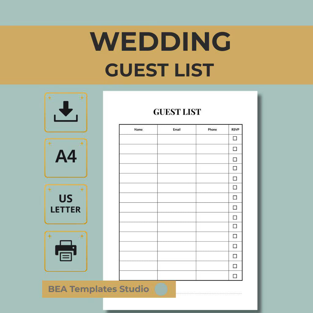 Wedding Guest List, Bridal RSVP Tracker, Guest Organizer Template A4 US Letter