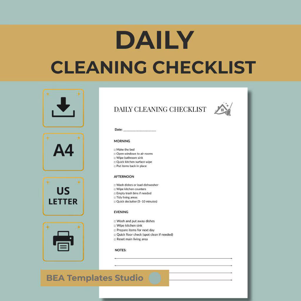 Daily Cleaning Checklist, House Cleaning Planner, Chore List A4 US Letter
