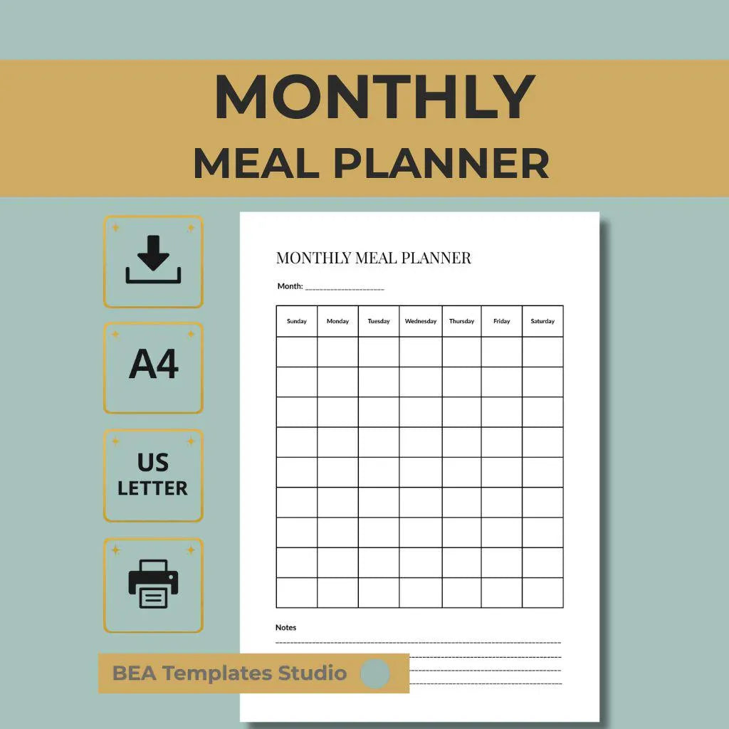 Monthly Meal Planner, Food Calendar, Kitchen Meal Organizer A4 US Letter