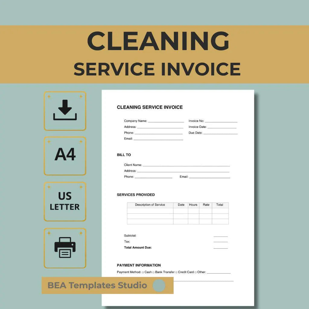 Cleaning Invoice Template Service Billing Form House Office Business Document A4 US Letter