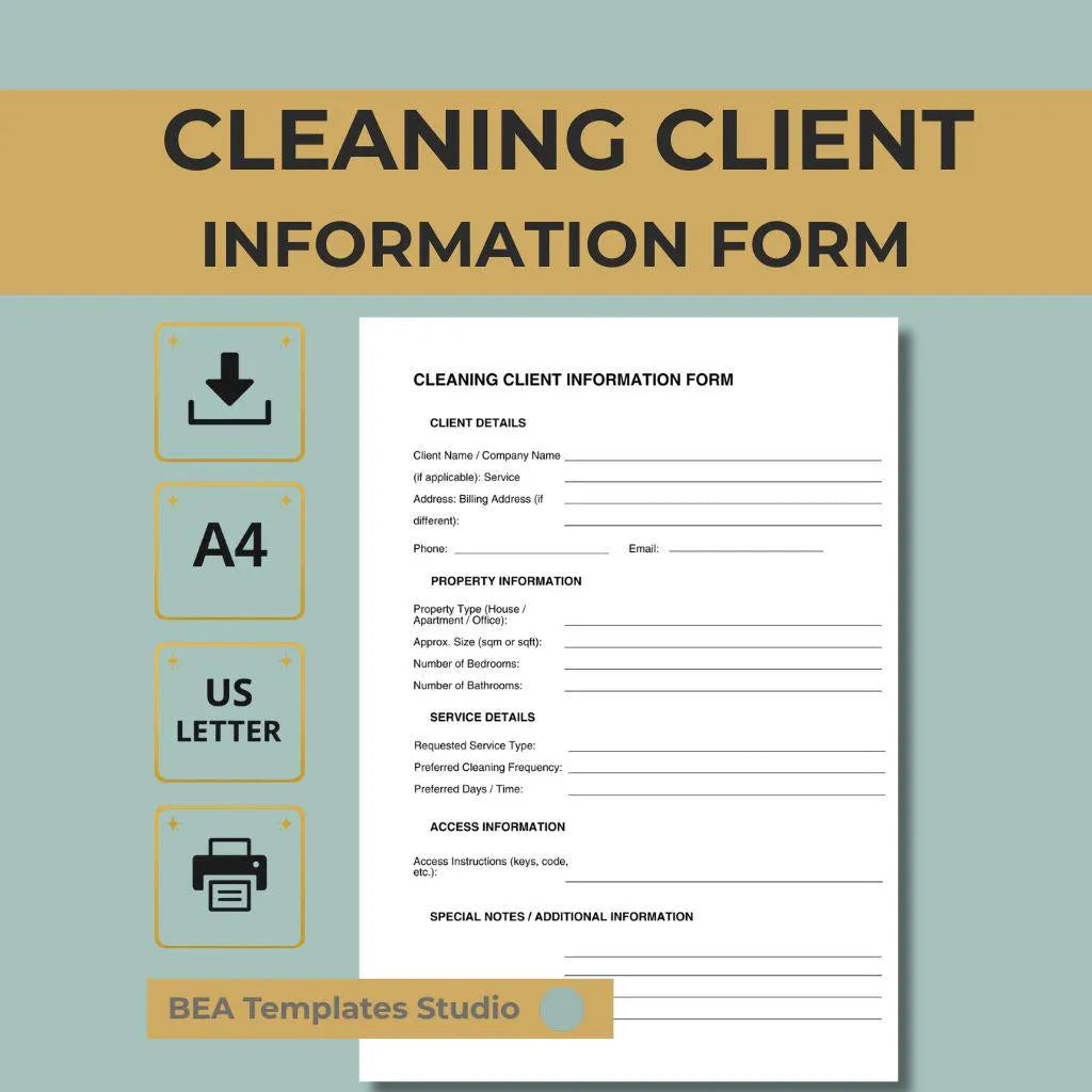 Cleaning Client Intake Form Customer Information Sheet Service Business Template A4 US Letter