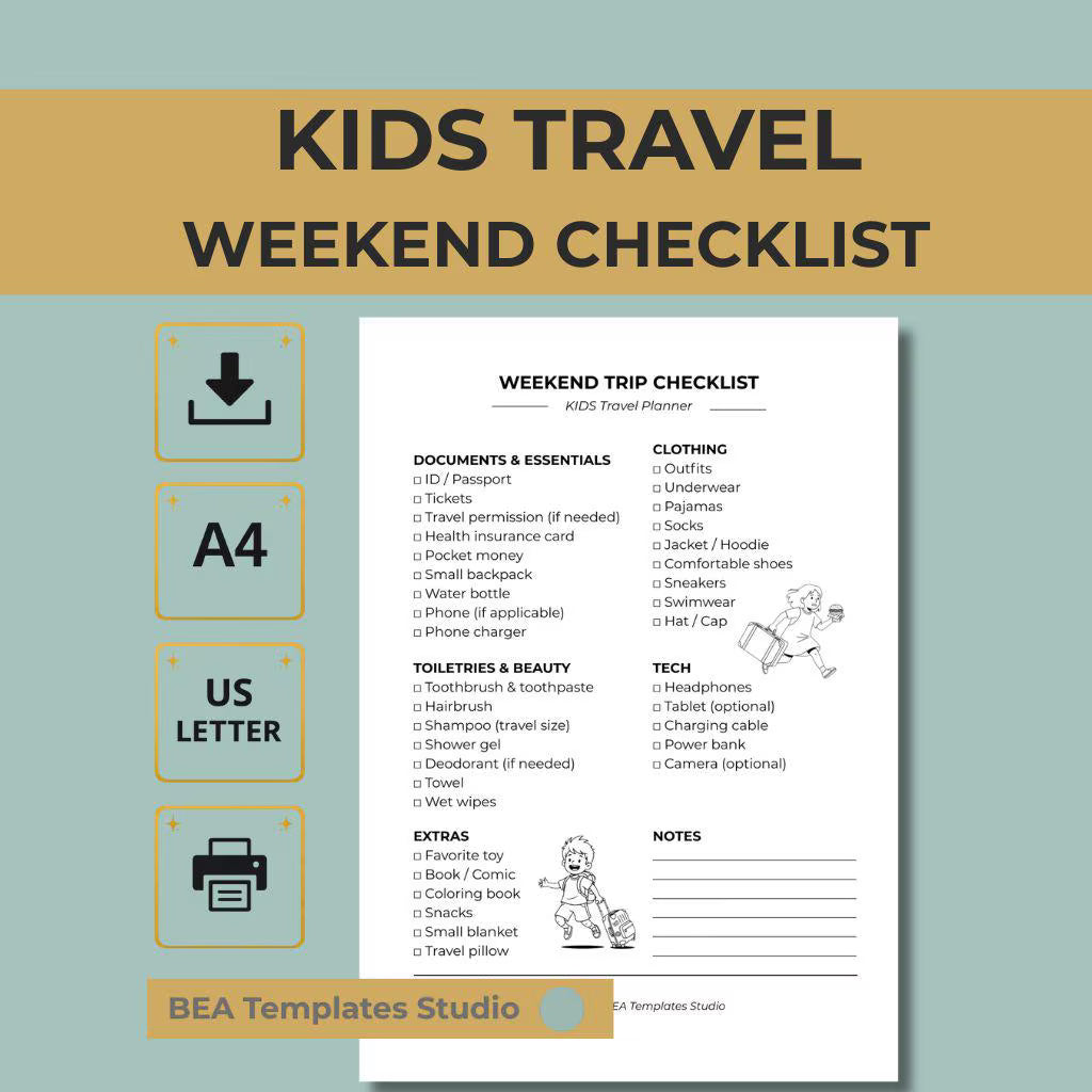 Kids Travel Checklist Packing List Family Weekend Trip Planner Printable PDF A4 US Letter