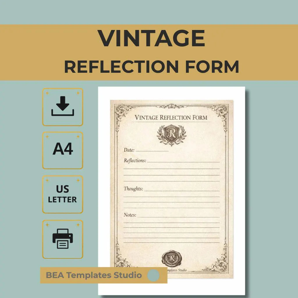Vintage Reflection Form, Daily Journal Page, Mindfulness Worksheet (A4 US Letter)