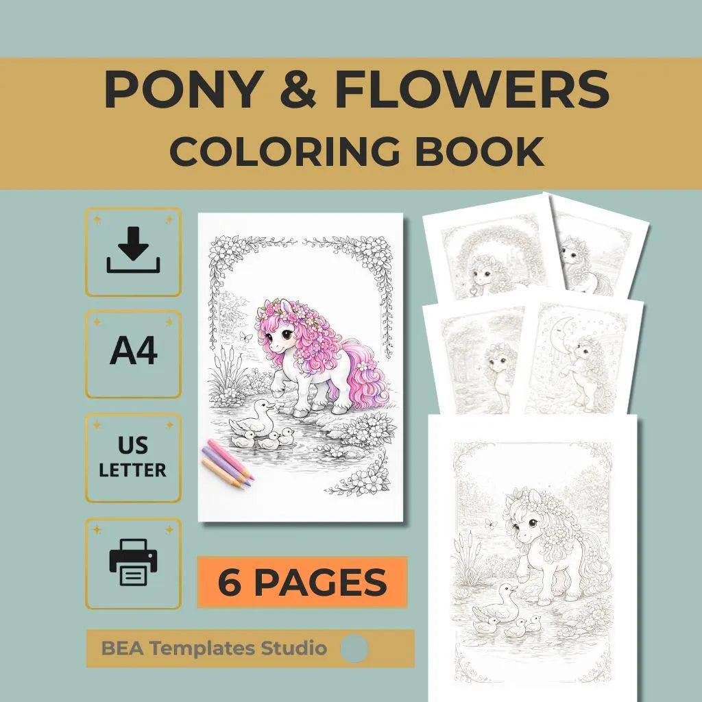 Pony and Flowers Coloring Pages for Kids (Digital Download)