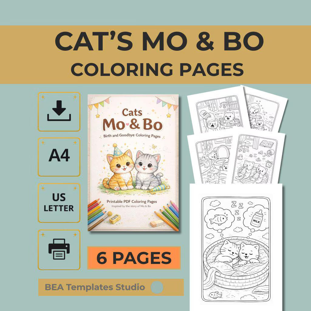 Cat Coloring Pages for Kids 4-8 Mo and Bo Story Printable PDF 6 Designs
