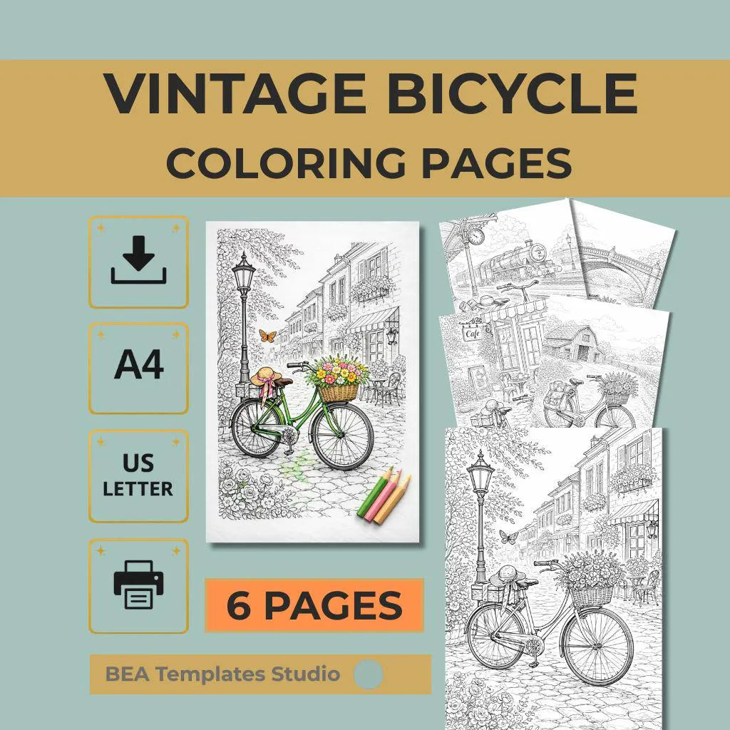 Vintage Bicycle Coloring Pages Printable PDF 6 Bike Designs for Adults A4 US Letter