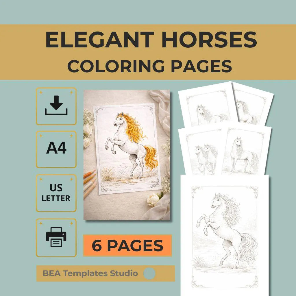 Vintage Horse Coloring Pages Printable PDF 6 Elegant Designs for Adults A4 US Letter