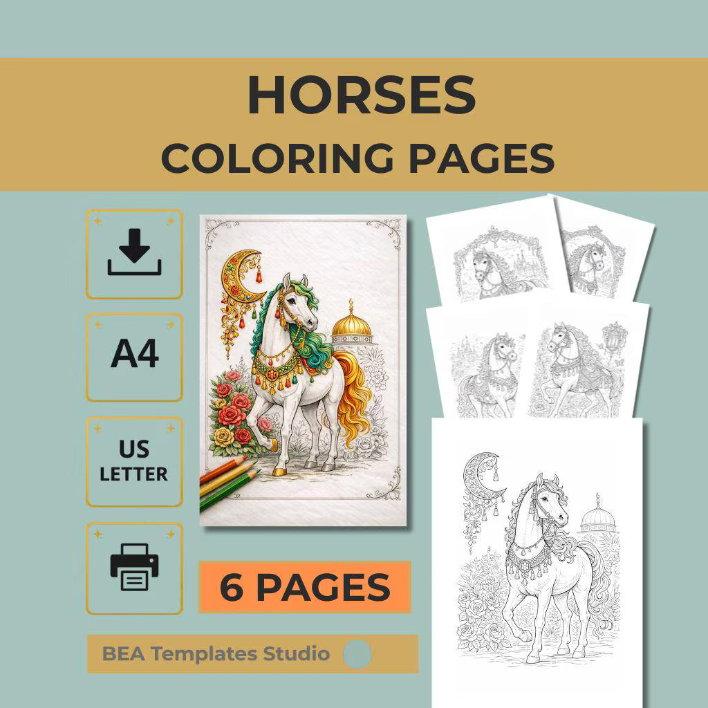 Vintage Boho Horse Coloring Pages for Adults (6 Designs, PDF Download)