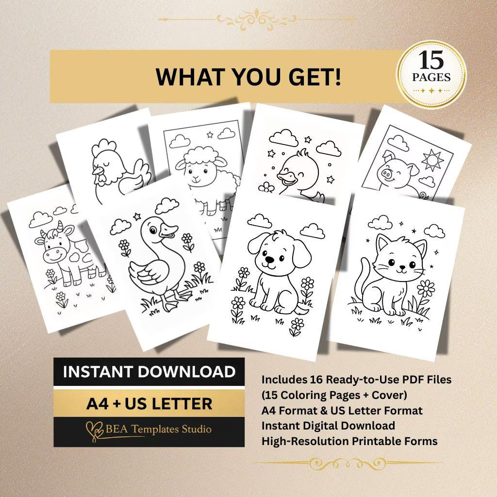 Farm Animals for Kids Ages 3–6 | 15 Printable Pages | PDF Download