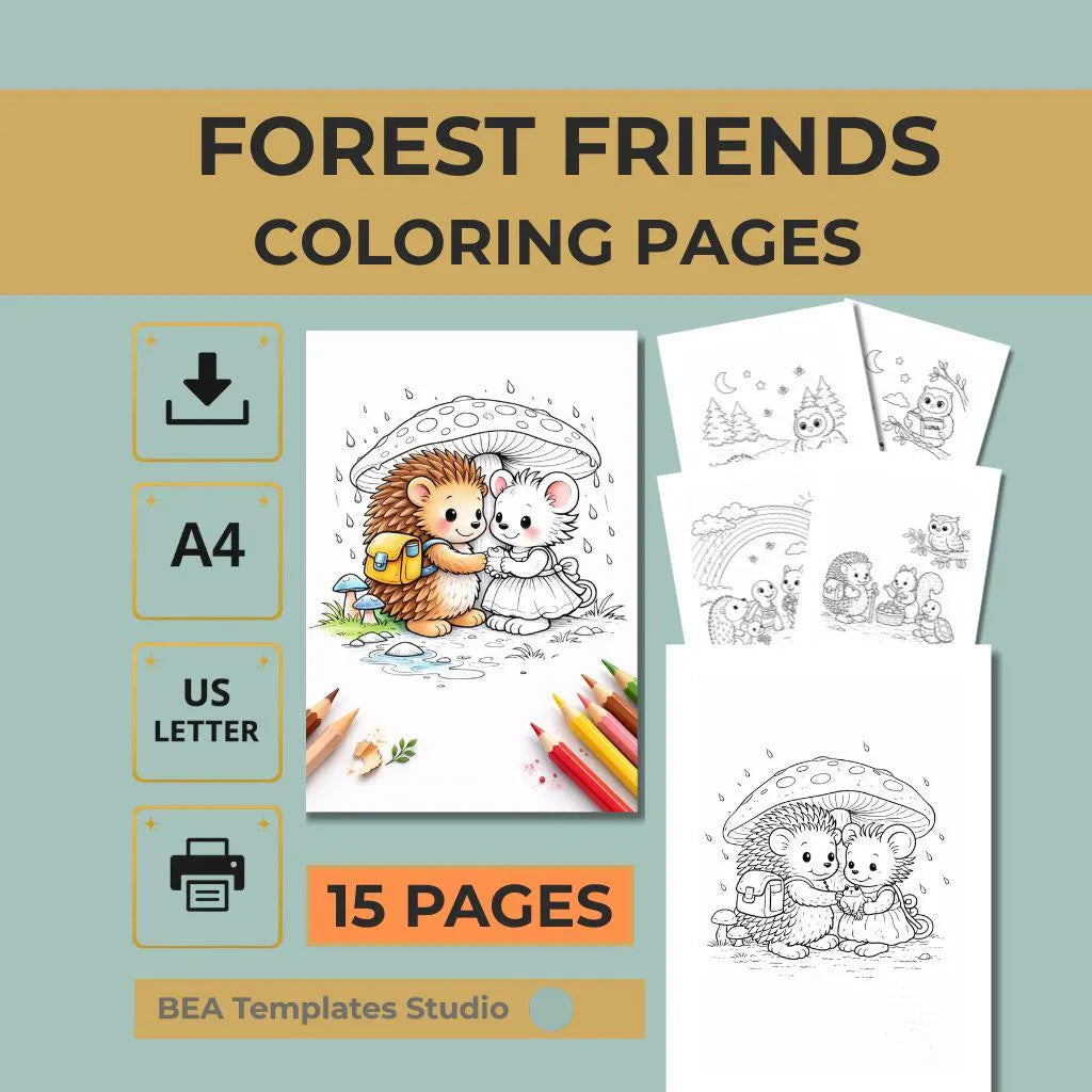 Forest Friends Coloring Pages for Kids: 15 Woodland Animal Designs (Digital Download)