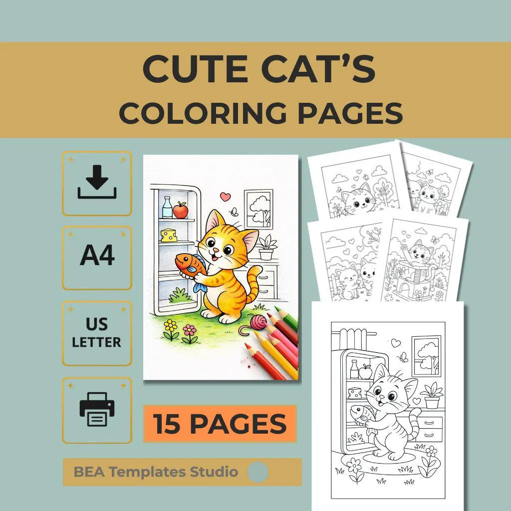 Cat Coloring Book for Kids Ages 6-10, Medium Difficulty Pages (PDF Download)