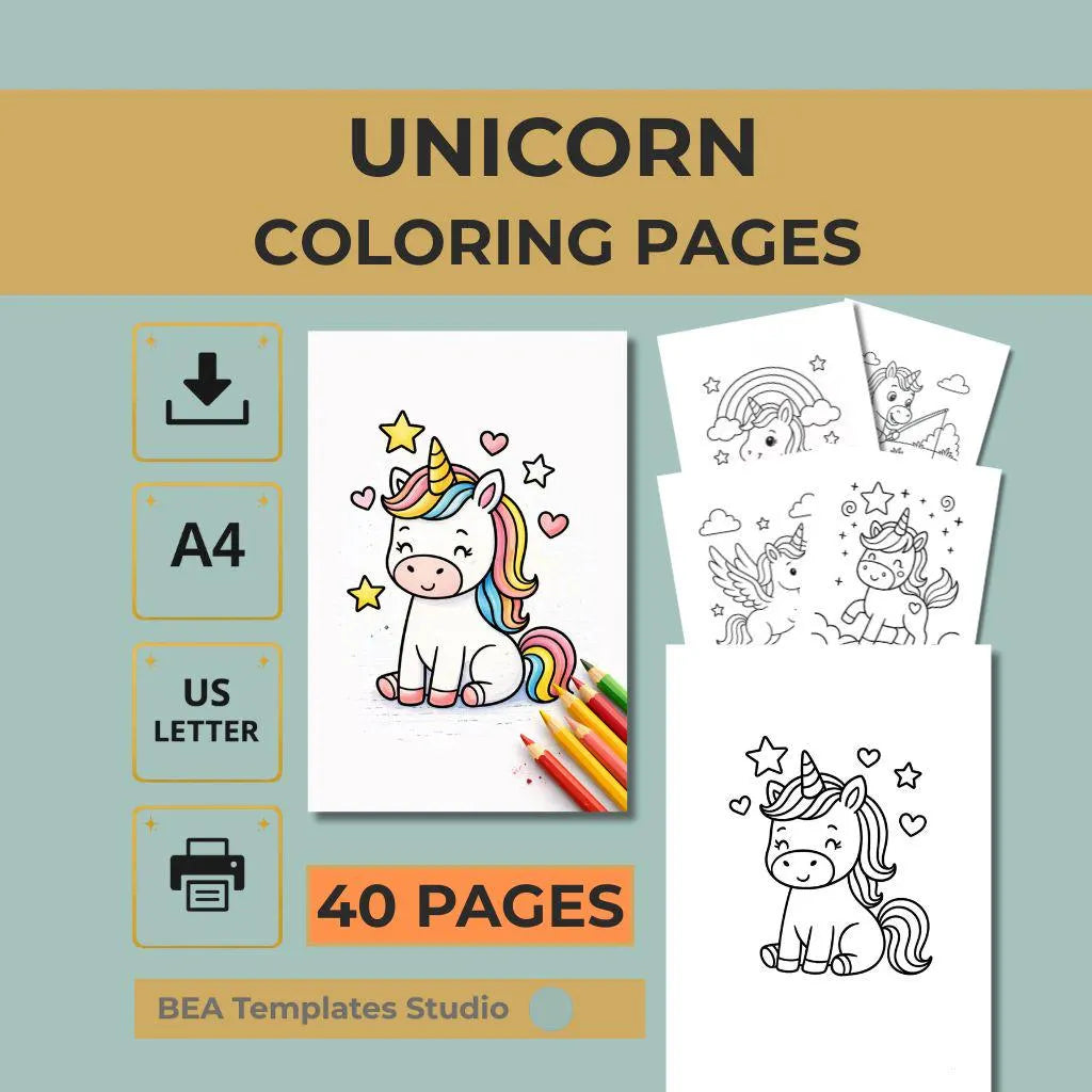 Unicorn Coloring Book for Kids Ages 3–6 – 40 Printable Pages (PDF Download)