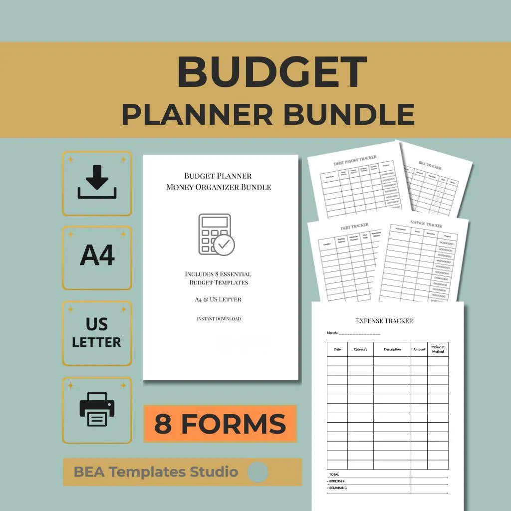 Budget Planner Bundle, Money Tracker, Expense Bill Debt Tracker 6 Pages A4 US Letter