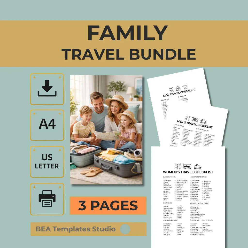Family Travel Checklist Bundle, Minimal Vacation Packing List (Digital Download)