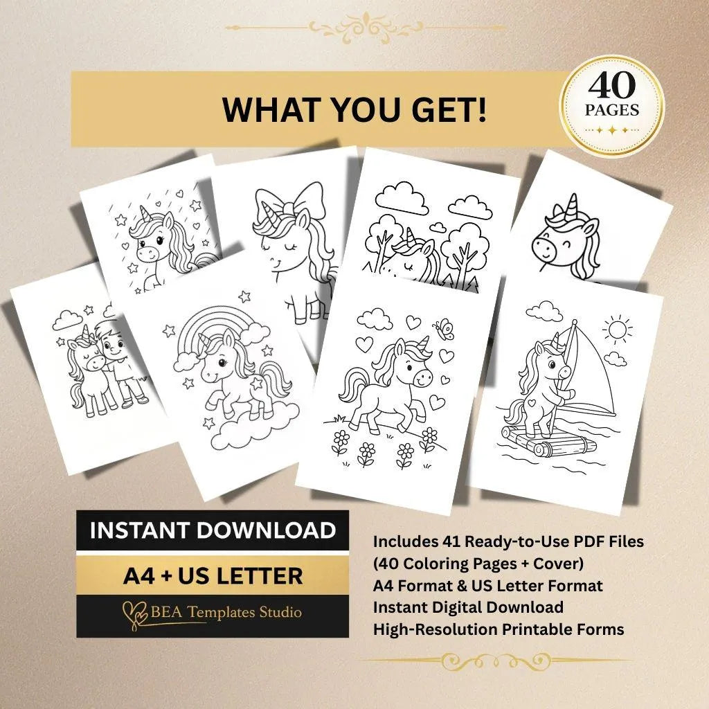 Unicorn Coloring Pages for Kids, 80 Printable Sheets, Kids Activity Book PDF, Instant Download