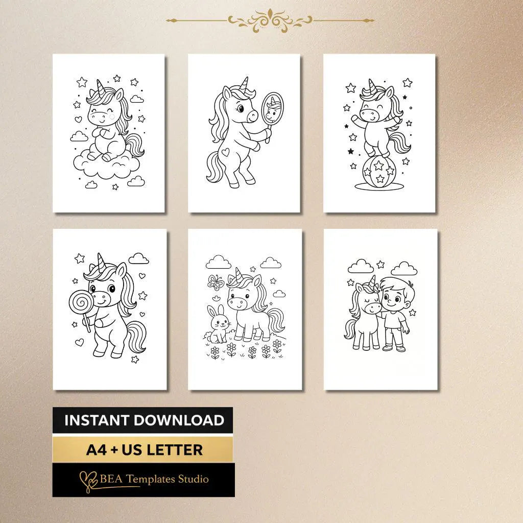 Unicorn Coloring Book for Kids Ages 3–6 – 40 Printable Pages (PDF Download)