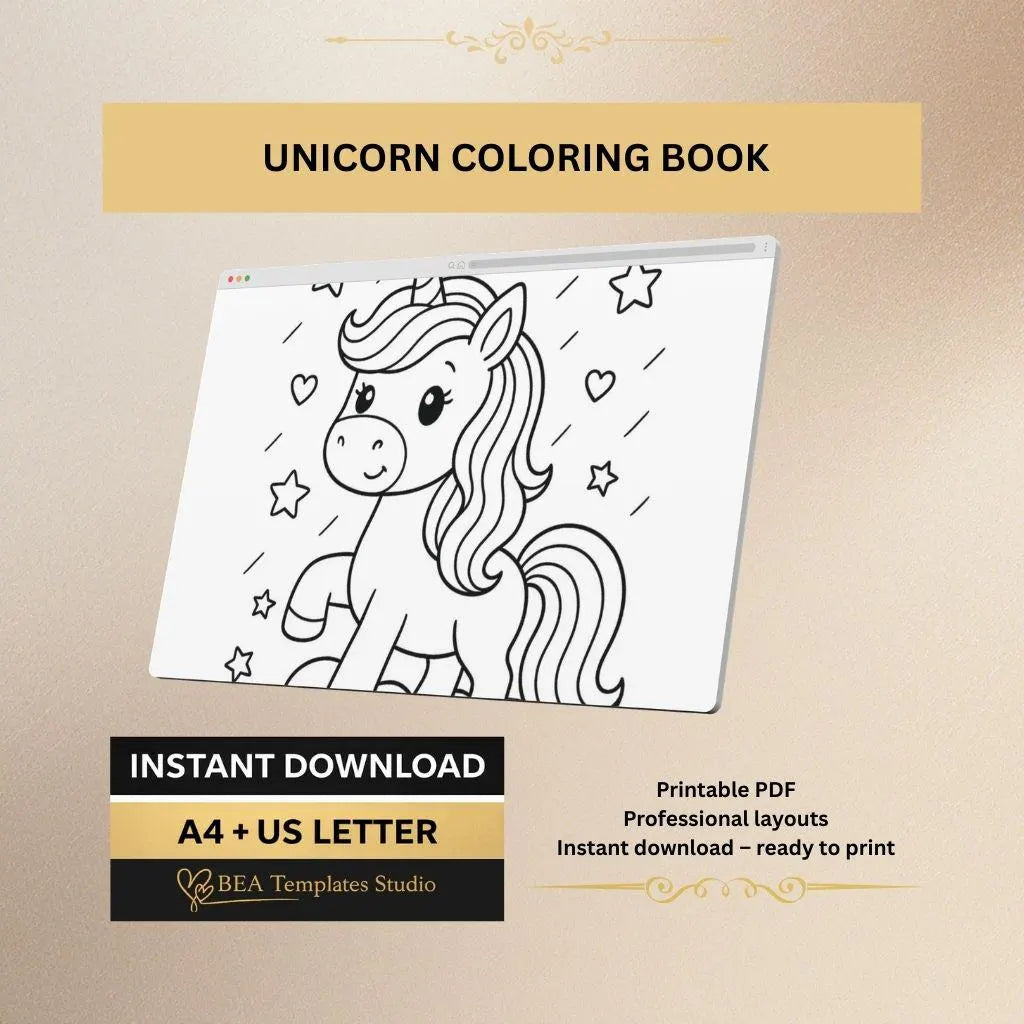 Unicorn Coloring Book for Kids Ages 3–6 – 40 Printable Pages (PDF Download)