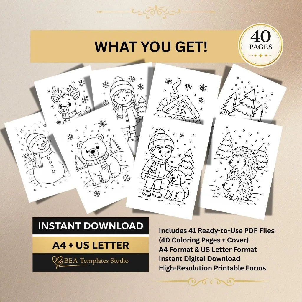 Winter Coloring Book for Kids Ages 3–6 40 Pages Animals and Activities Printable PDF