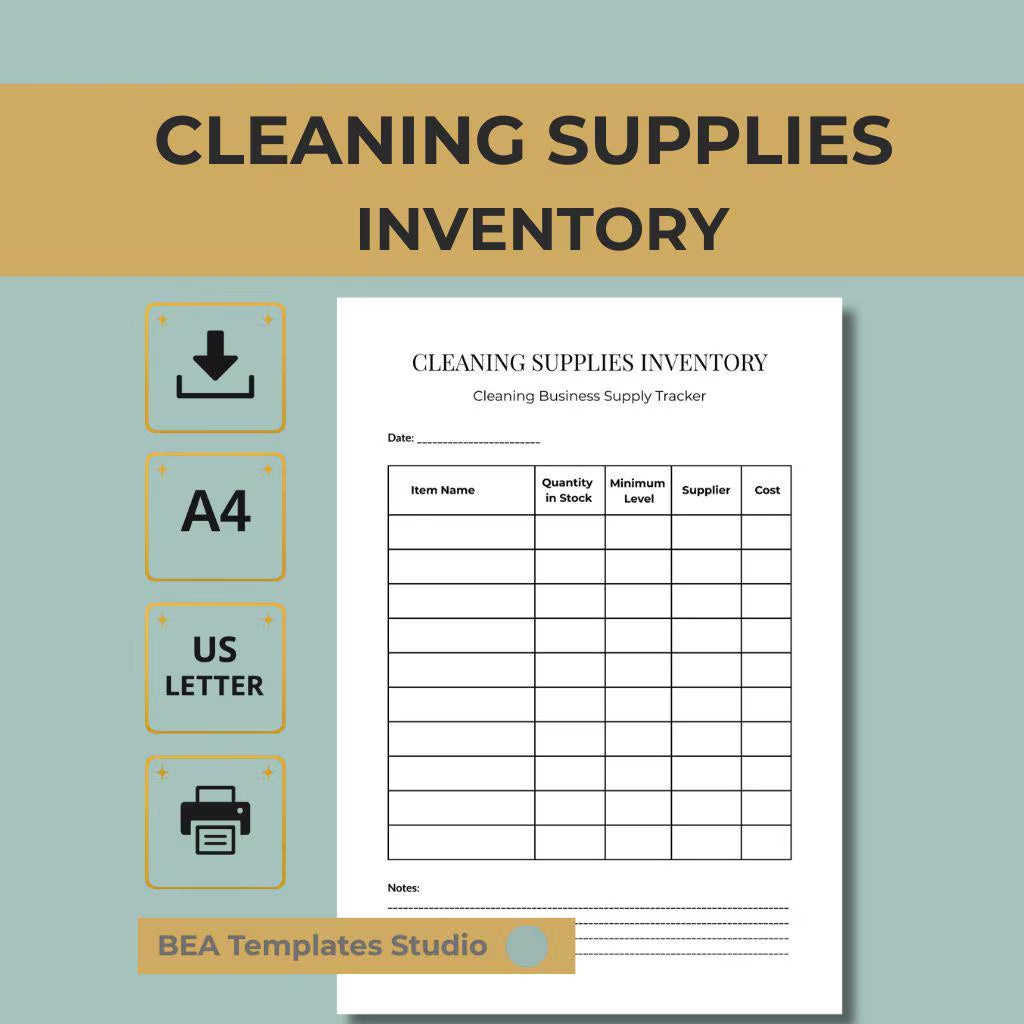 Cleaning Supplies Inventory Tracker, Janitorial Stock Organizer (PDF Download)