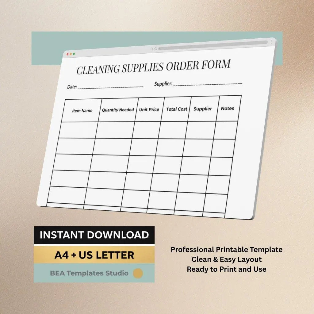 Cleaning Supplies Order Form Printable PDF, Janitorial Inventory Tracker, Purchase Planner A4 US Letter