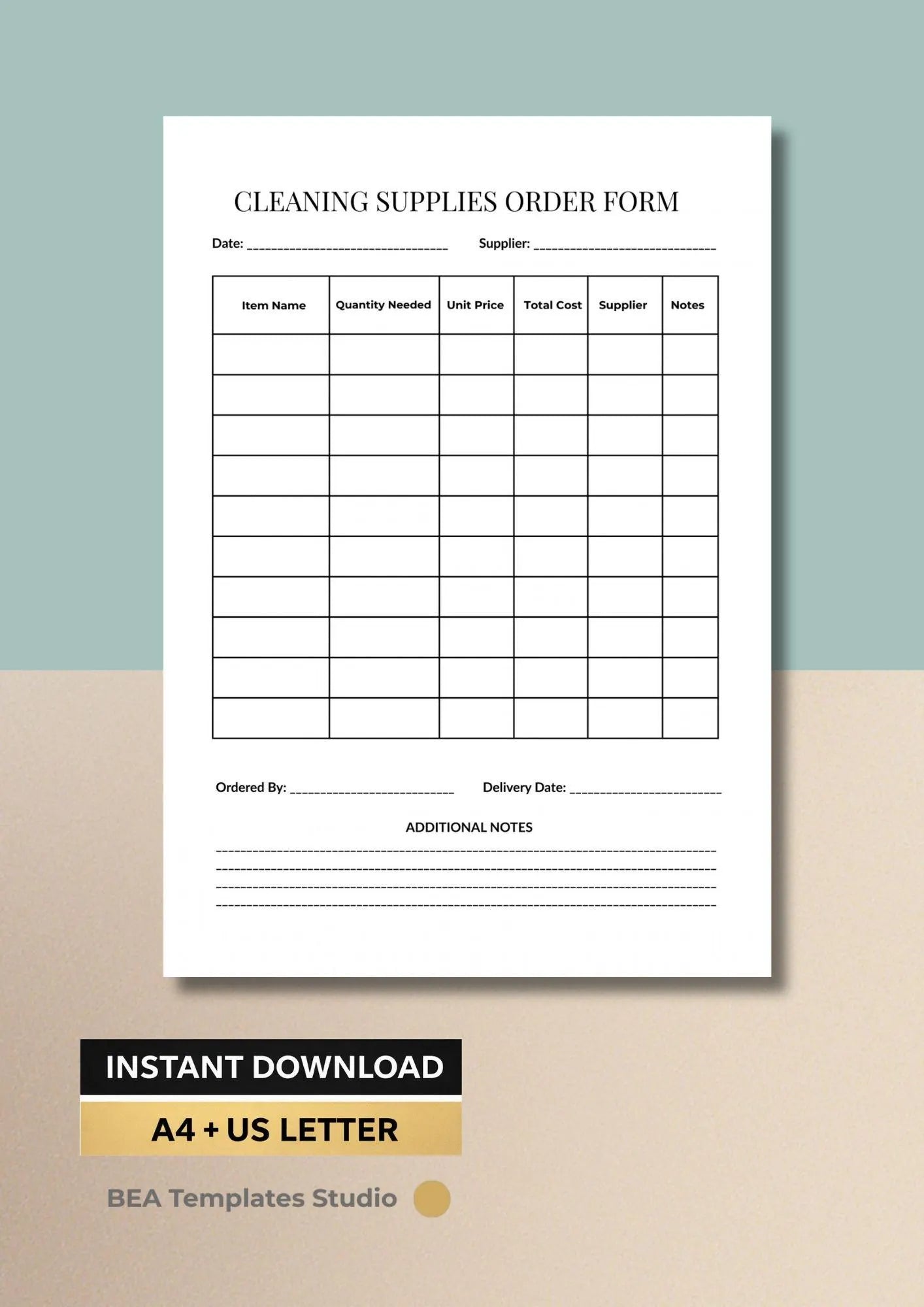 Cleaning Supplies Order Form Printable PDF, Janitorial Inventory Tracker, Purchase Planner A4 US Letter