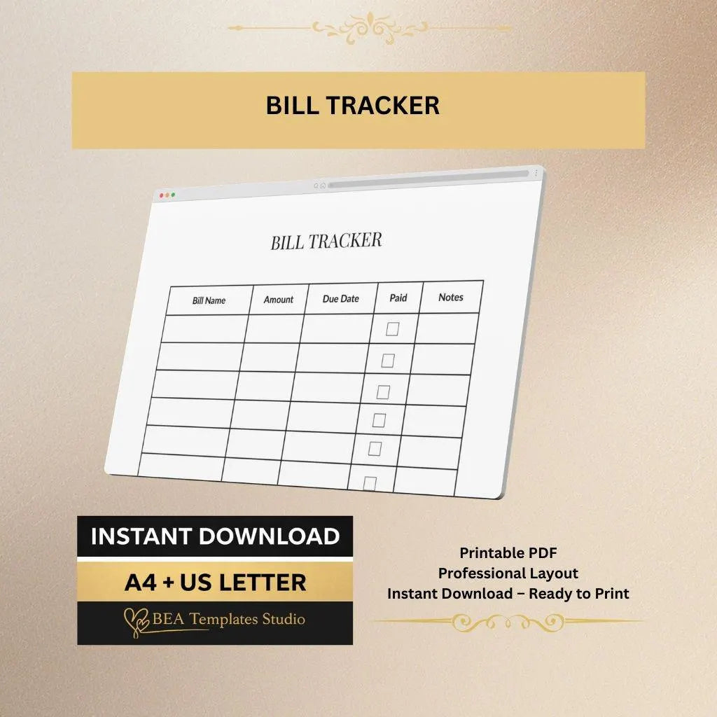Bill Tracker, Monthly Budget Planner, Expense Tracker A4 US Letter