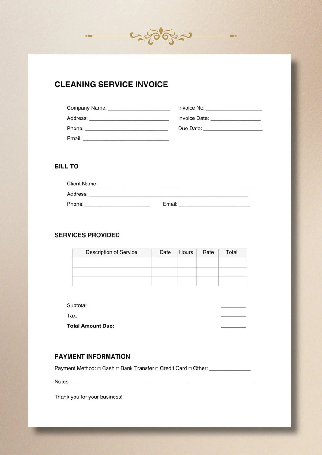 Cleaning Invoice Template Service Billing Form House Office Business Document A4 US Letter