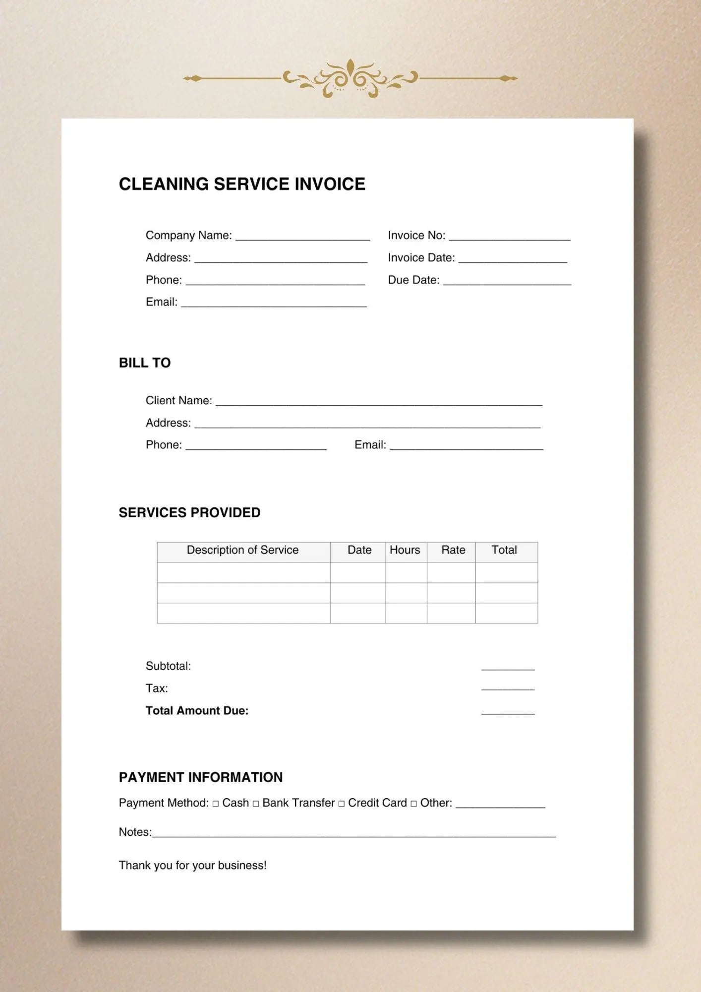 Cleaning Invoice Template Service Billing Form House Office Business Document A4 US Letter