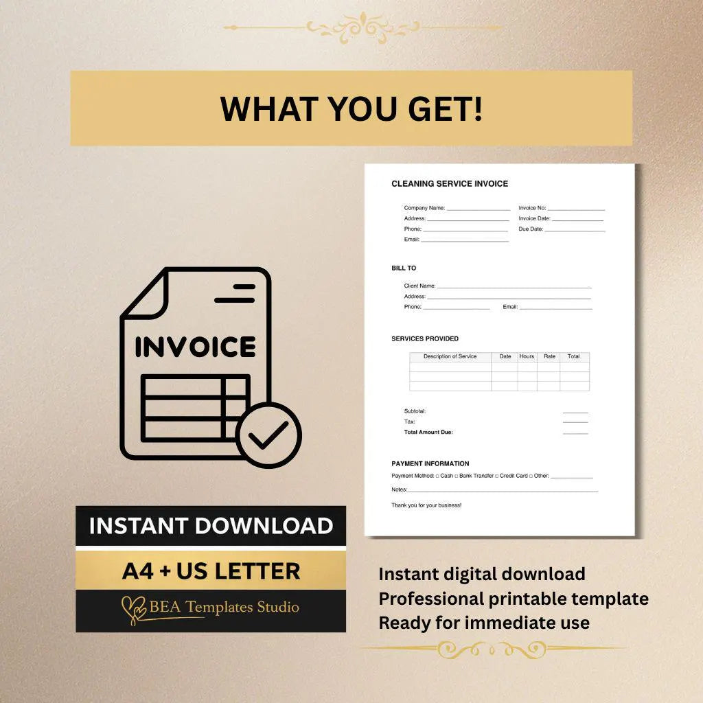 Cleaning Invoice Template Service Billing Form House Office Business Document A4 US Letter