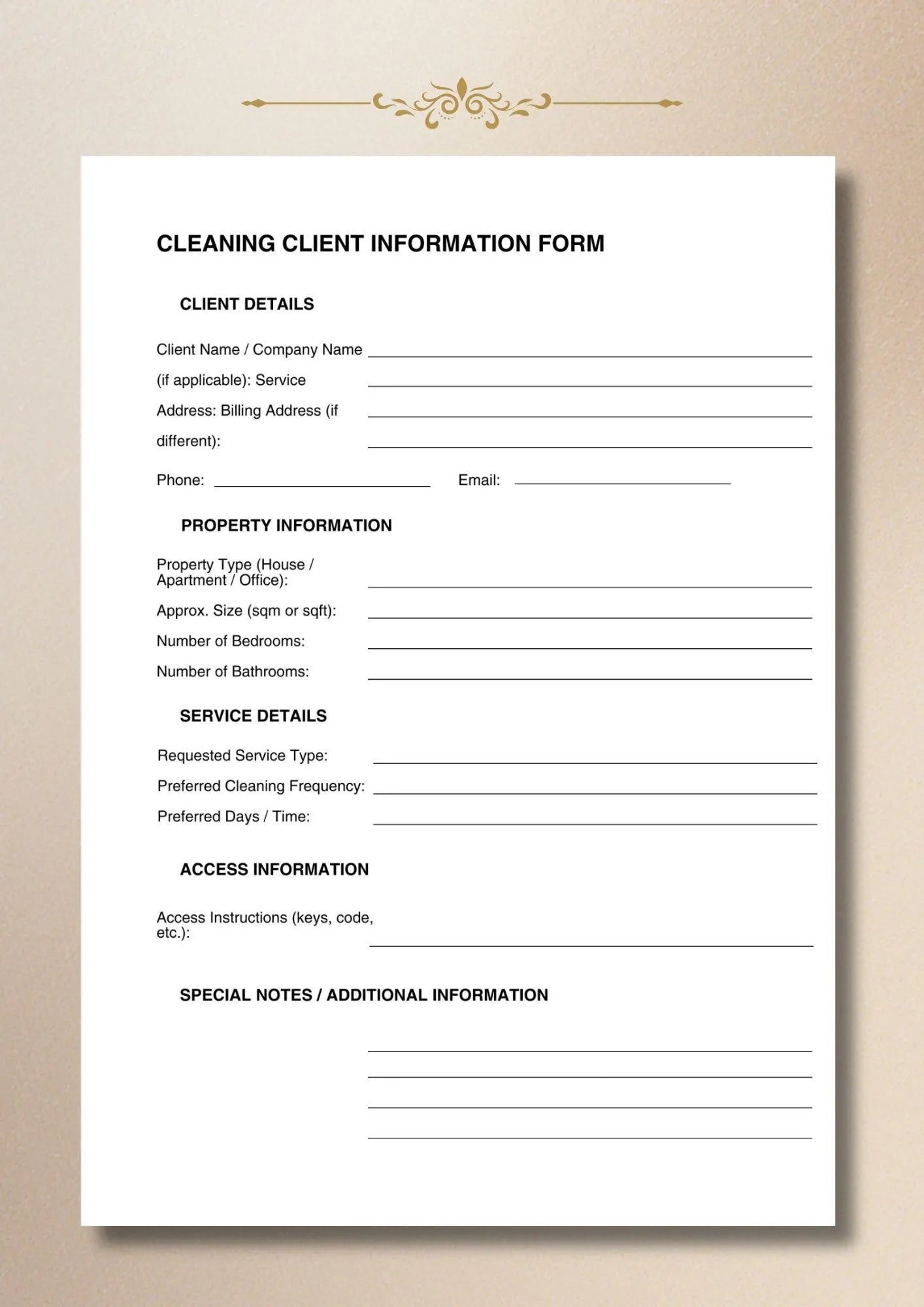 Cleaning Client Intake Form Customer Information Sheet Service Business Template A4 US Letter