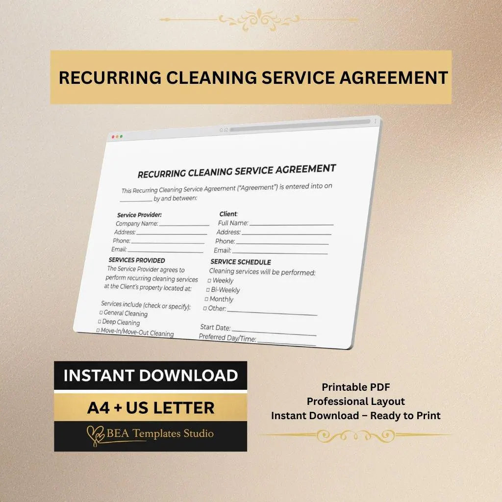 Recurring Cleaning Contract, Service Agreement Template, House & Office Cleaning, Printable PDF