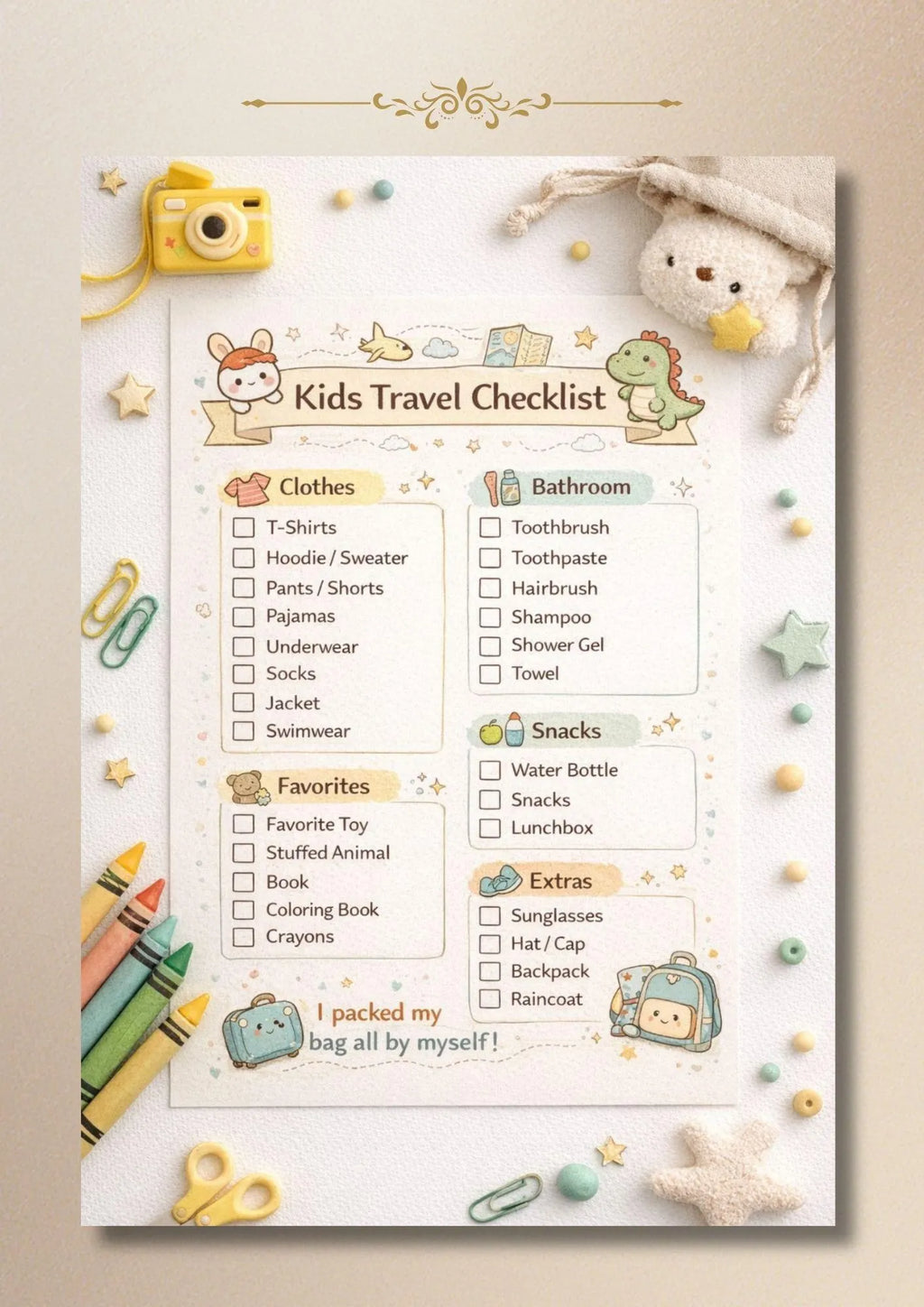 Kids Travel Checklist Packing List Family Vacation Planner Printable PDF A4 US Letter