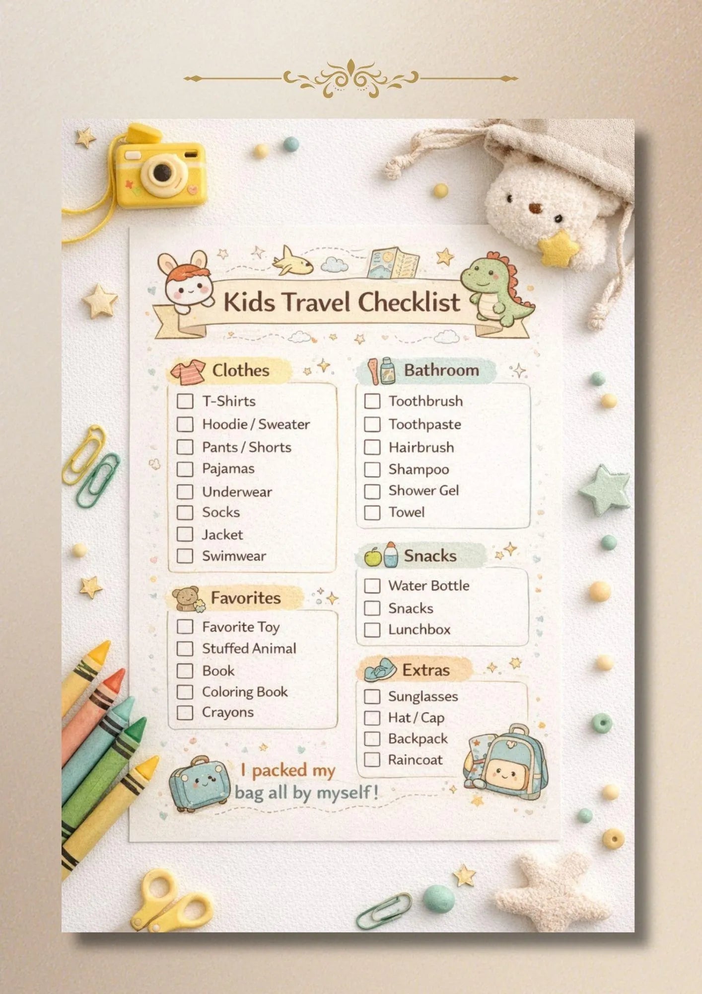Kids Travel Checklist Packing List Family Vacation Planner Printable PDF A4 US Letter
