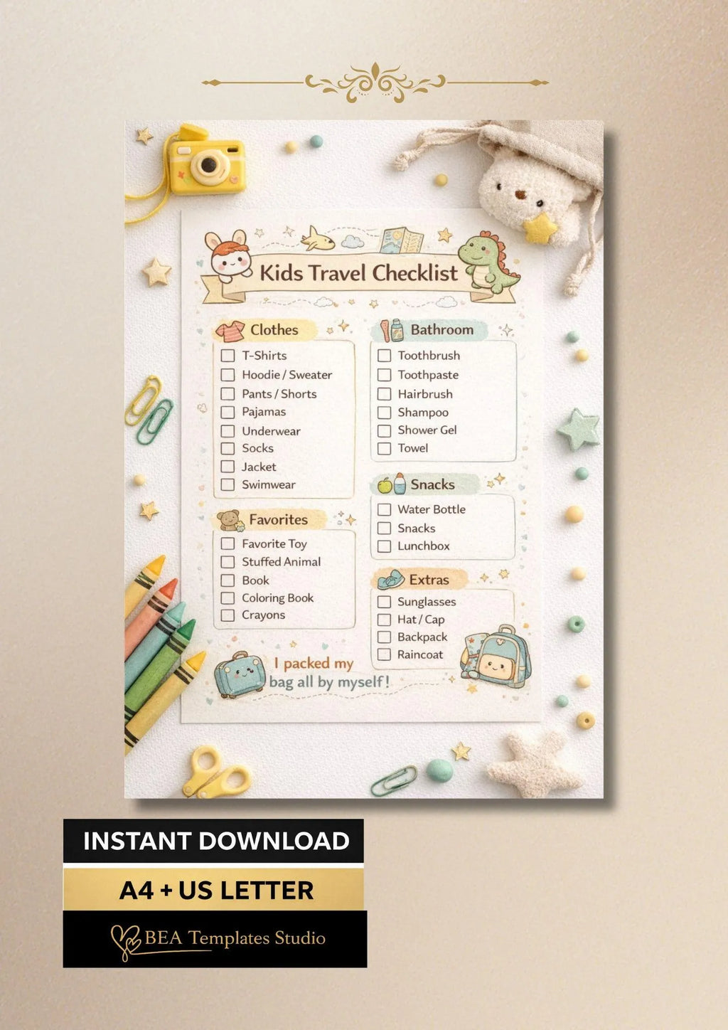 Kids Travel Checklist Packing List Family Vacation Planner Printable PDF A4 US Letter