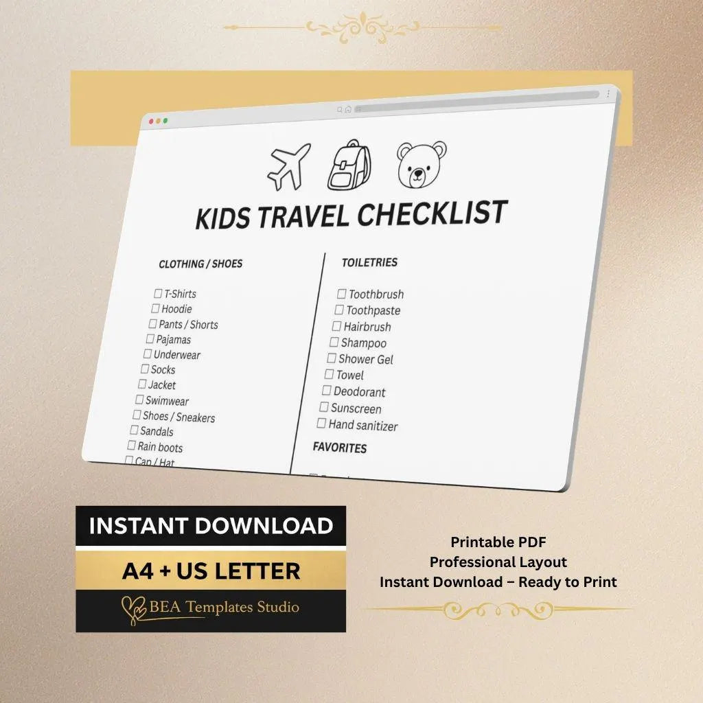 Kids Travel Checklist Packing List Family Vacation Printable PDF A4 US Letter