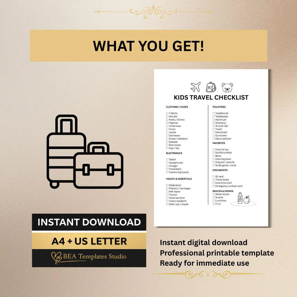 Kids Travel Checklist Packing List Family Vacation Printable PDF A4 US Letter