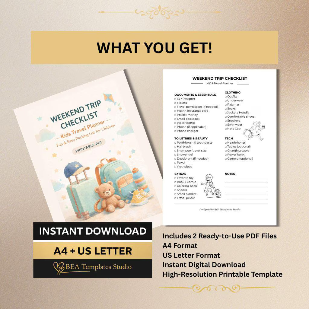 Kids Travel Checklist Packing List Family Weekend Trip Planner Printable PDF A4 US Letter