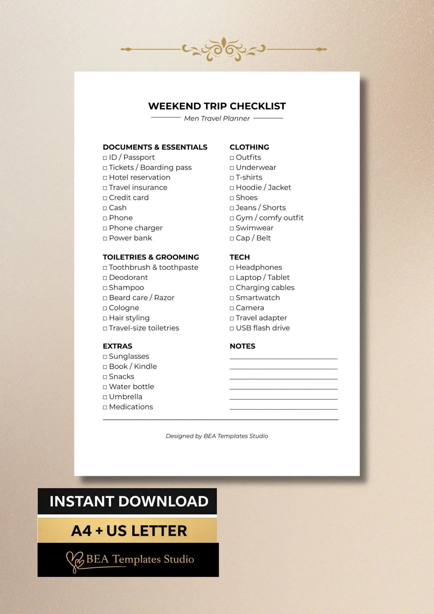 Weekend Trip Checklist for Men, Packing List PDF, Short Travel Planner (A4 US Letter)