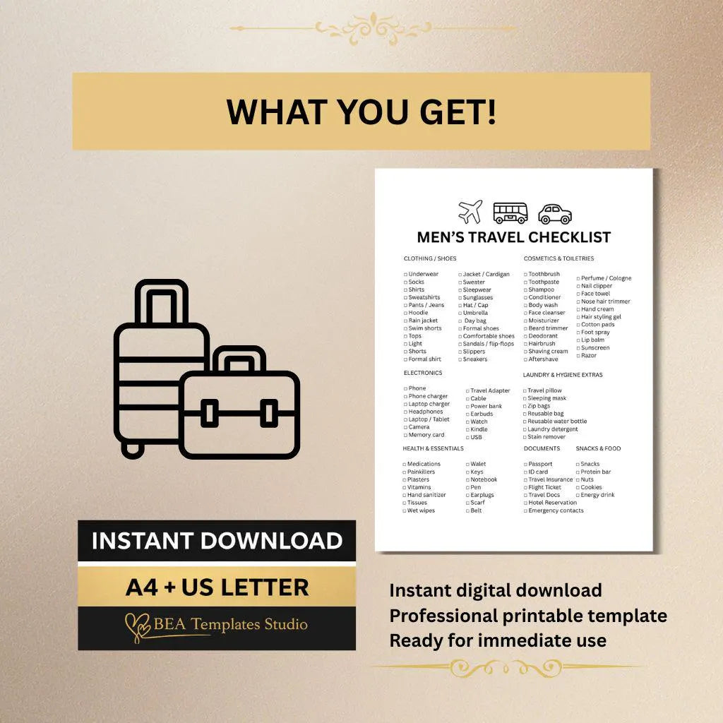 Men Travel Checklist, Packing List for Men, Vacation Planner PDF (A4 US Letter)