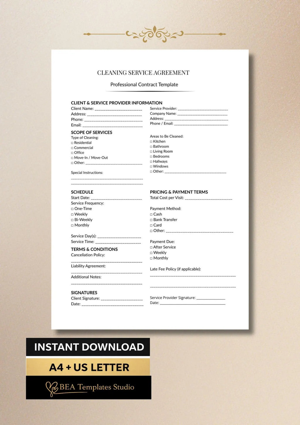 House Cleaning Contract Template Cleaning Service Agreement PDF US Letter A4