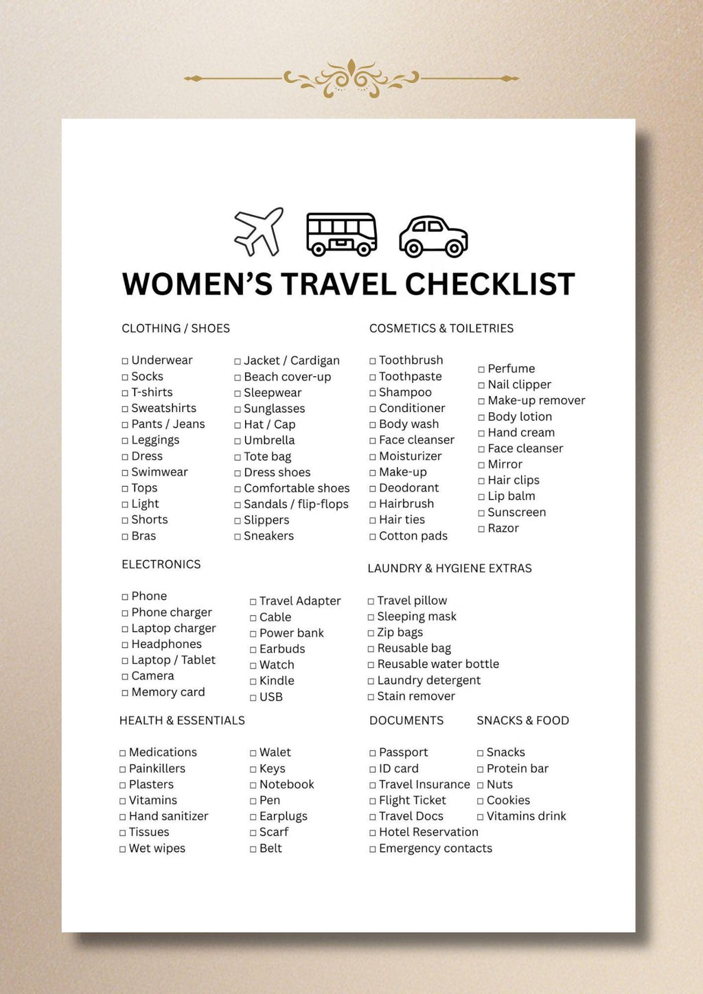 Travel Packing List Printable, Vacation Checklist PDF, Women Trip Planner A4 US Letter