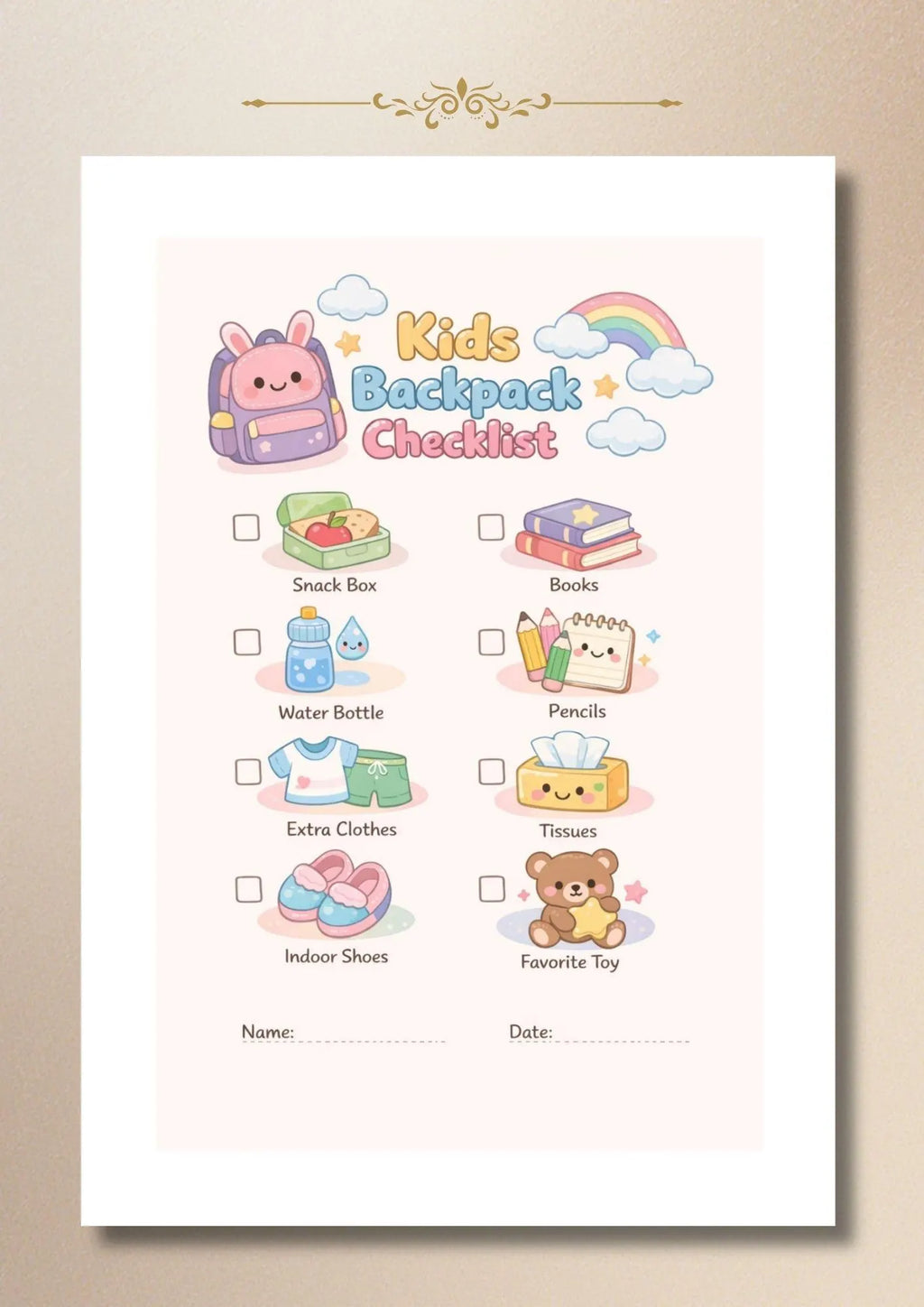 Kids Backpack Checklist Printable Morning Routine for School Kindergarten English PDF A4 US Letter