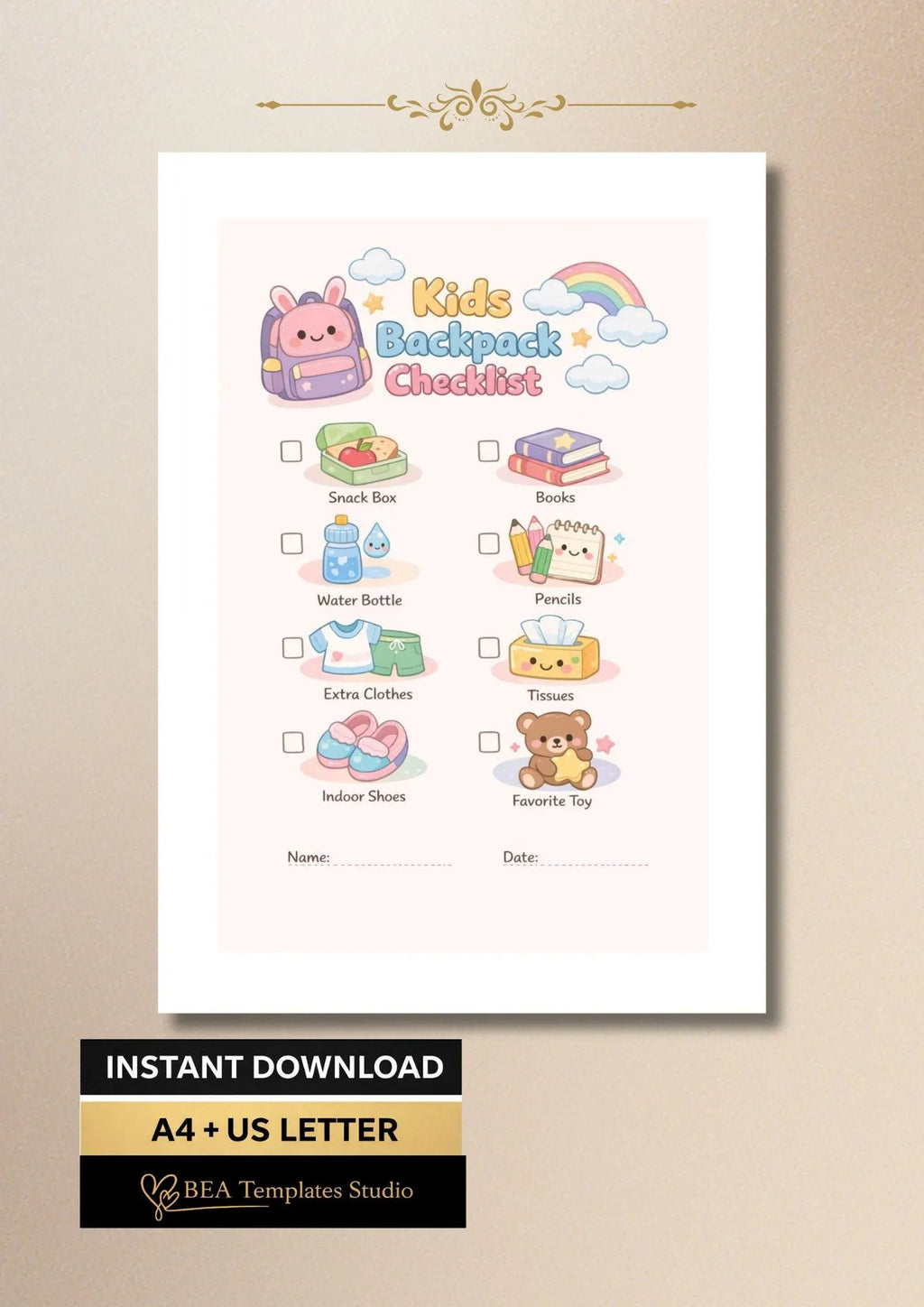 Kids Backpack Checklist Printable Morning Routine for School Kindergarten English PDF A4 US Letter