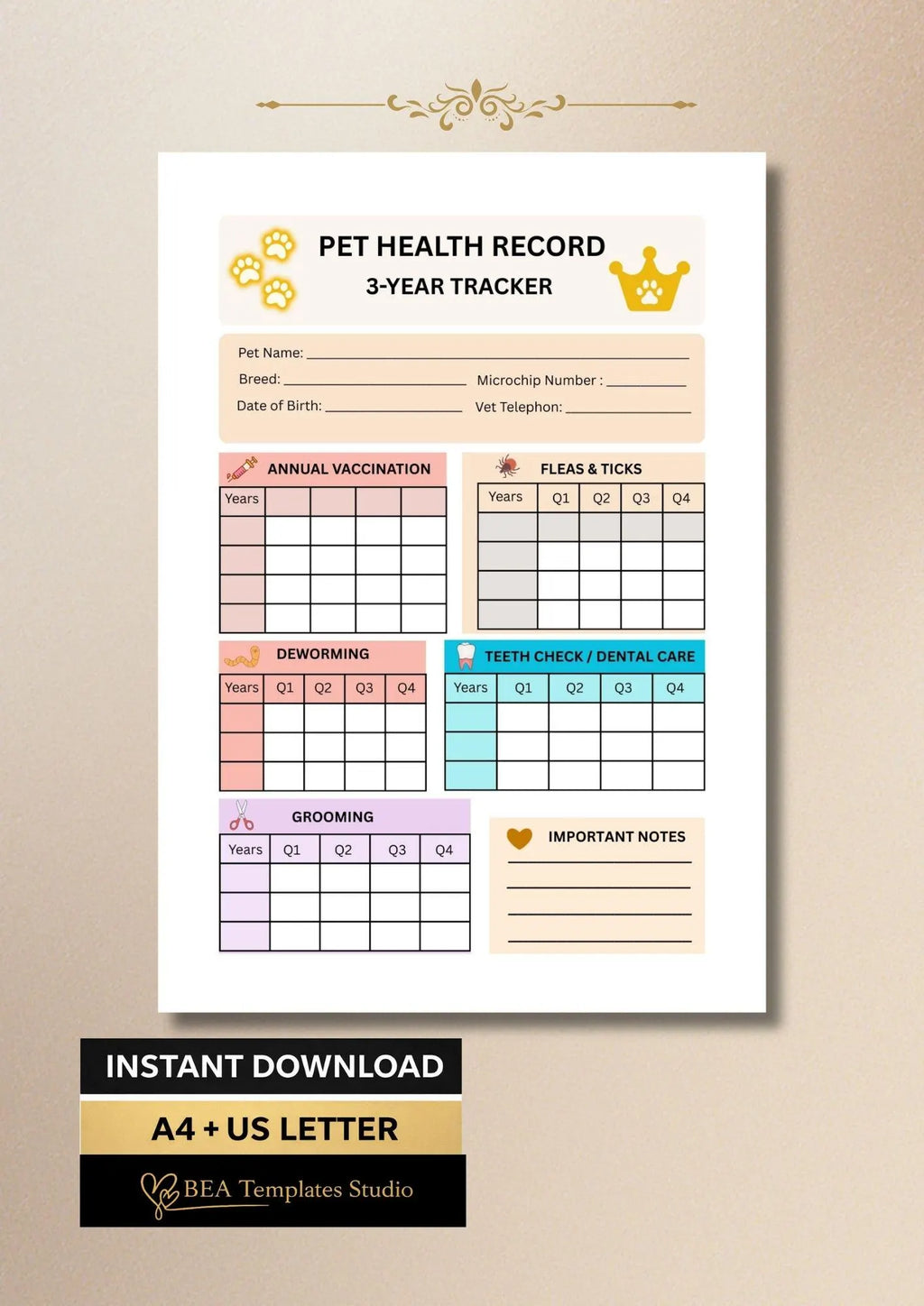 Pet Health Record Tracker (3-Year, PDF Download)
