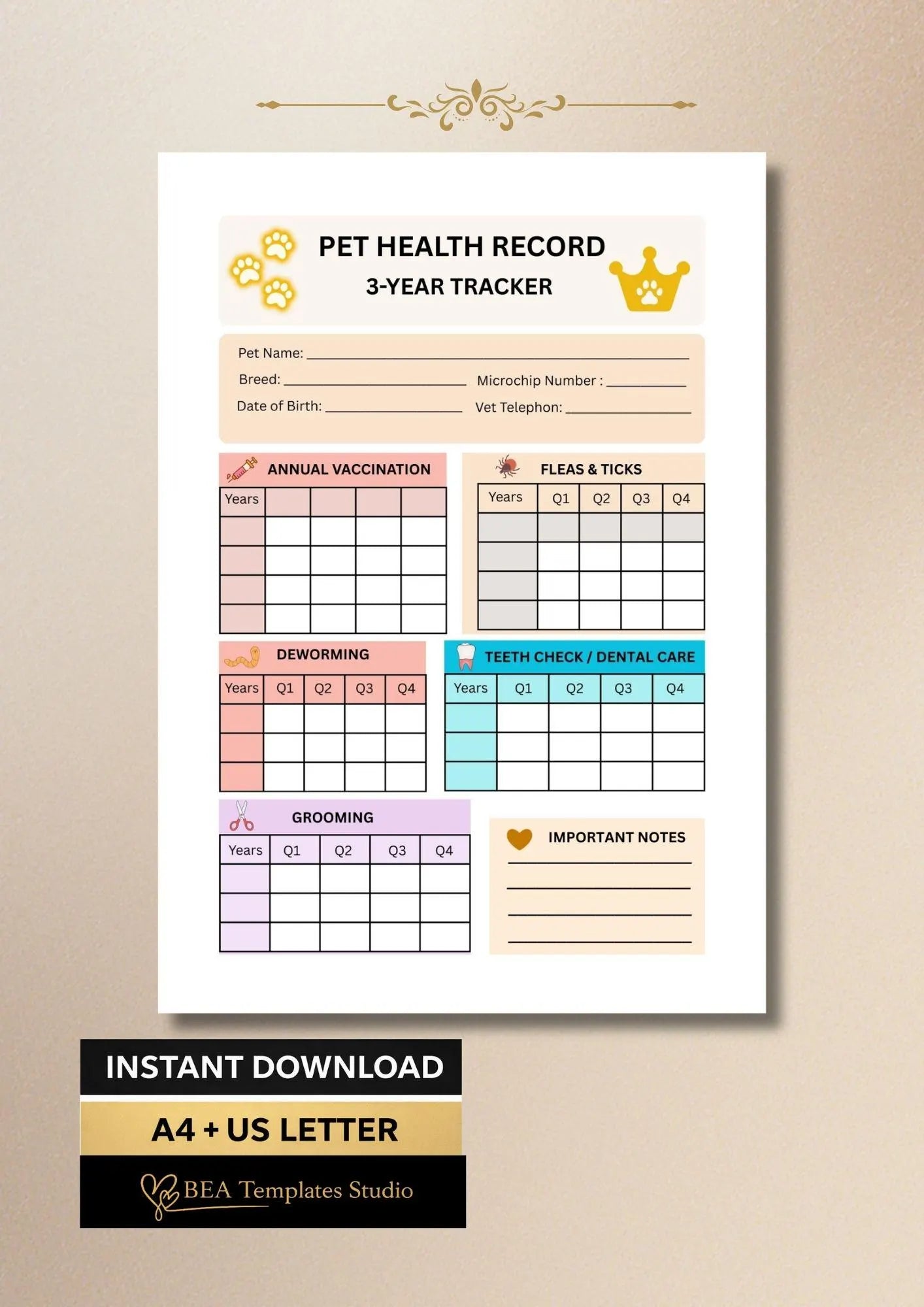 Pet Health Record Tracker (3-Year, PDF Download)