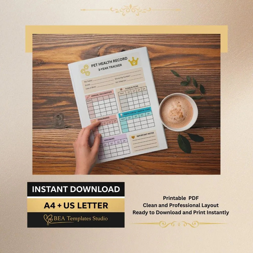 Pet Health Record Tracker (3-Year, PDF Download)