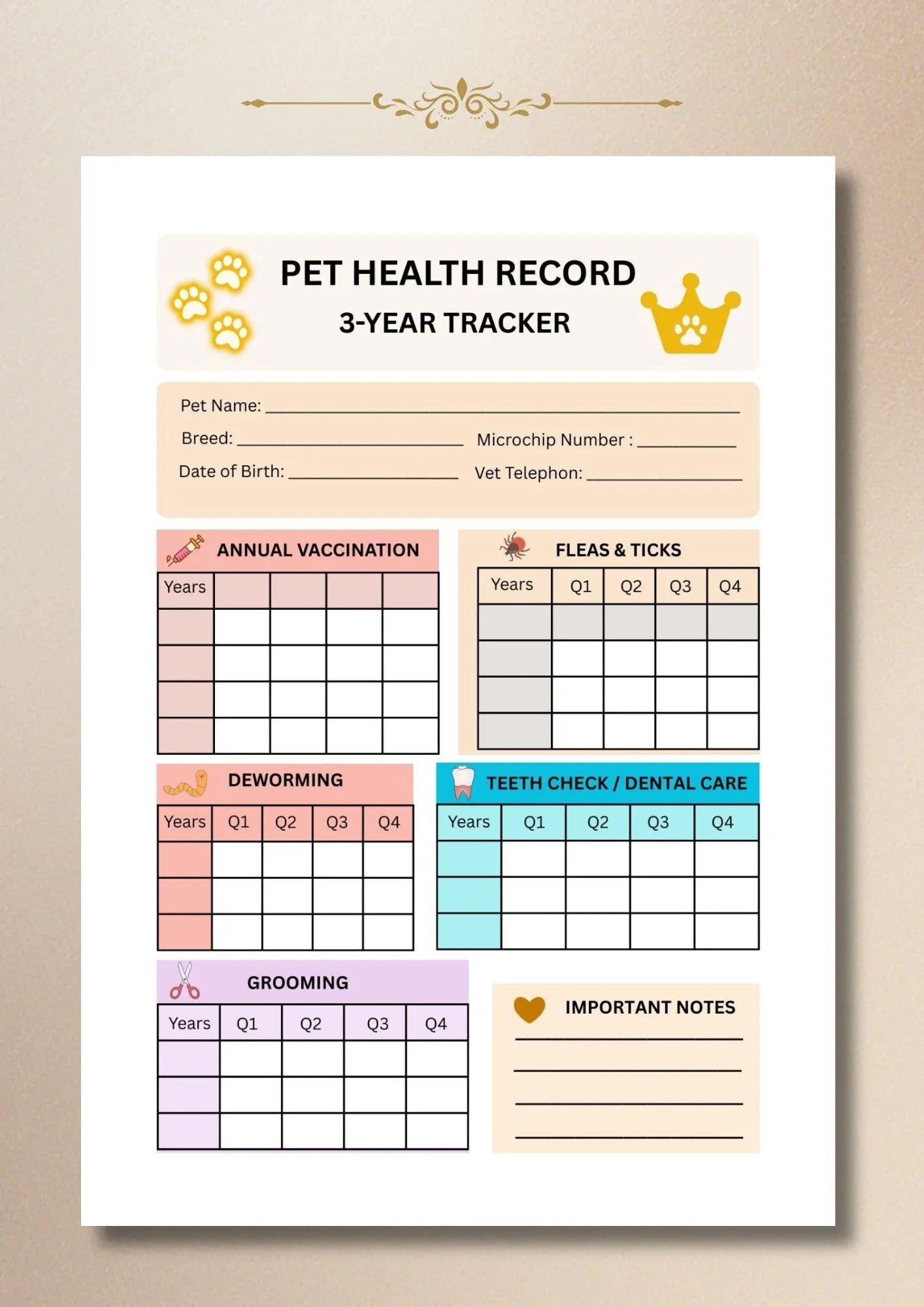 Pet Health Record Tracker (3-Year, PDF Download)
