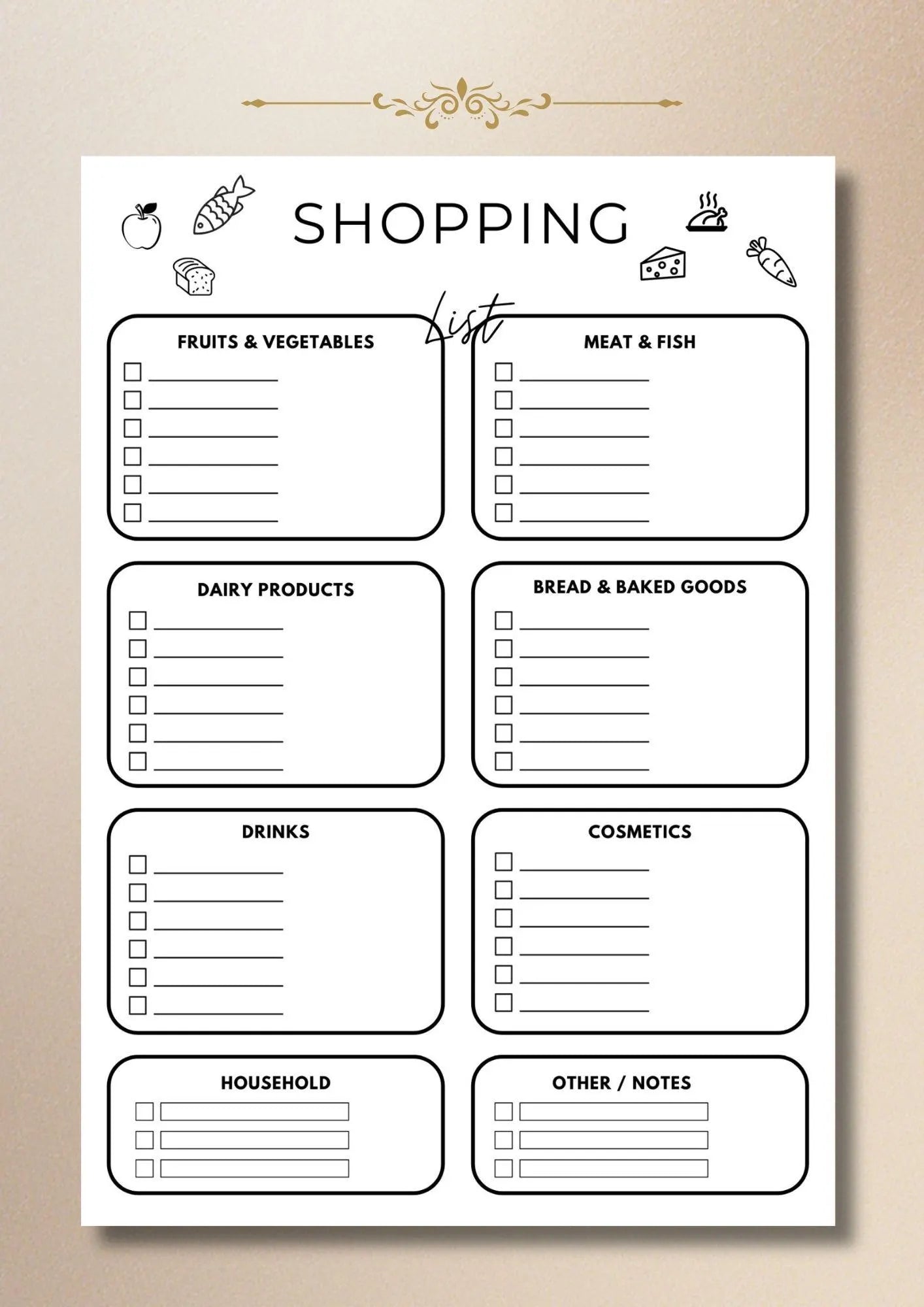 Printable Grocery List PDF A4 US Letter Minimalist Shopping List Template Digital Download