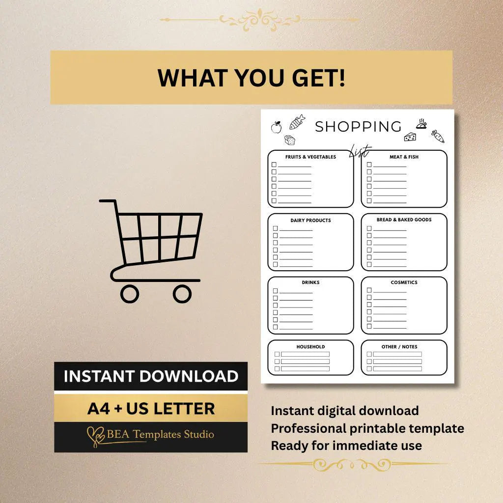 Printable Grocery List PDF A4 US Letter Minimalist Shopping List Template Digital Download